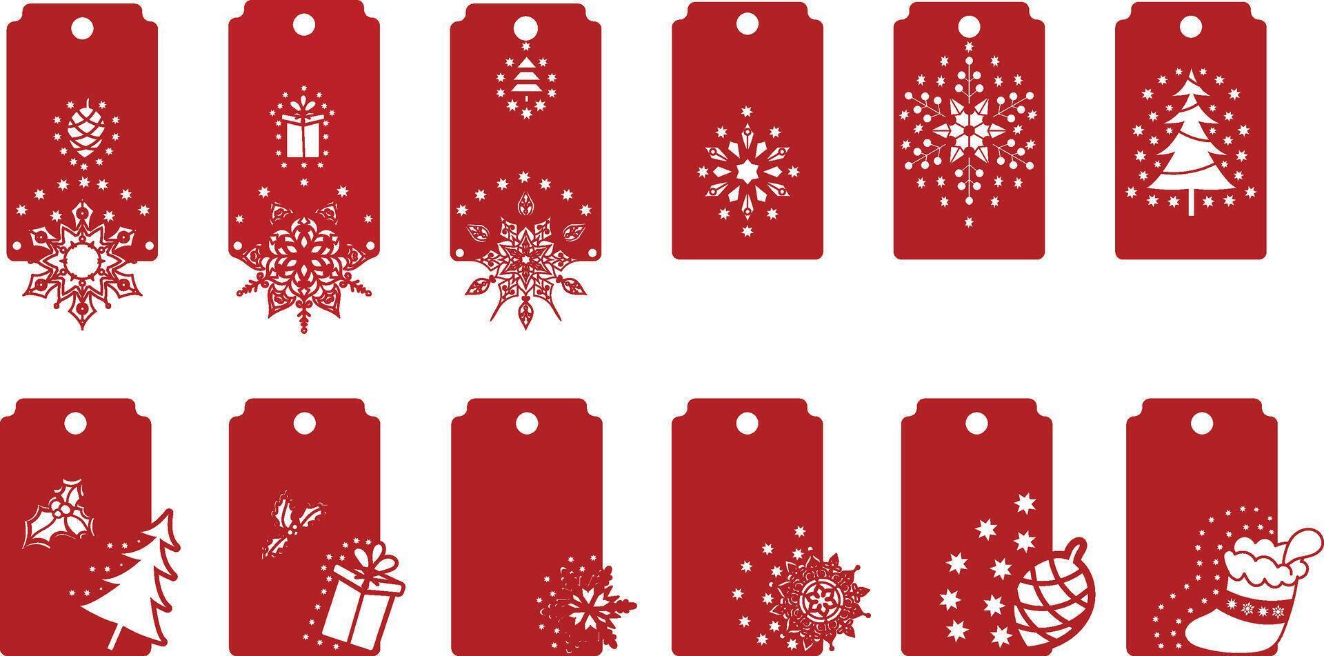 Christmas gift tag with gift card, snowflake, sock, Christmas tree. vector