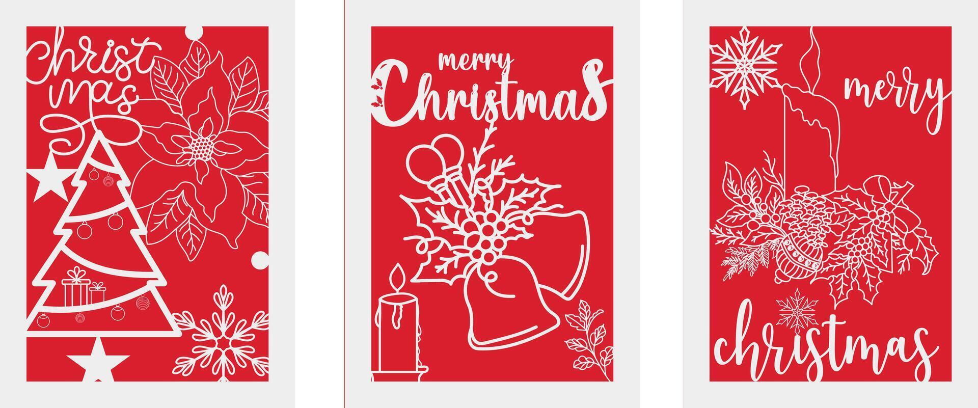 Christmas gift card 2 layer with Christmas tree, bell, poinsettia, snowflake vector