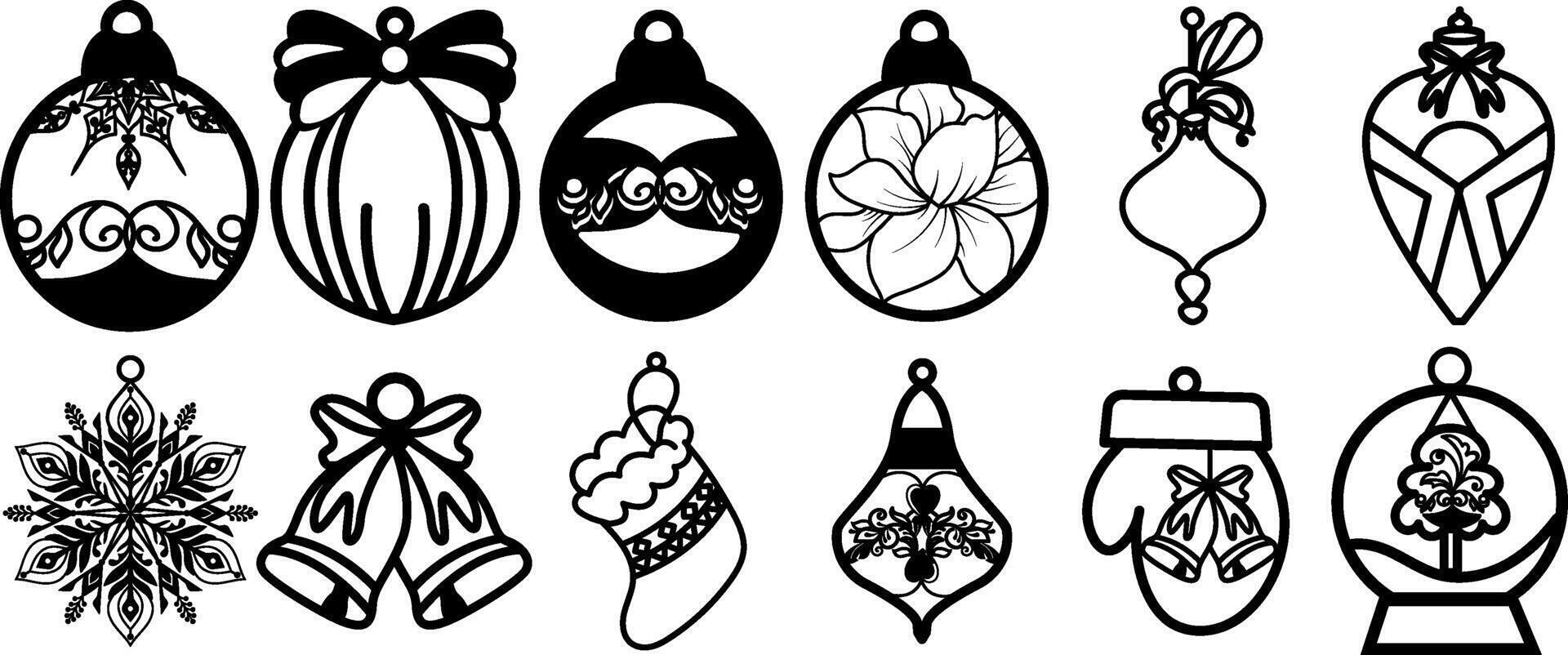 Wooden Christmas elements bundle, bell, ball, sock, poinsettia, snowflake. vector