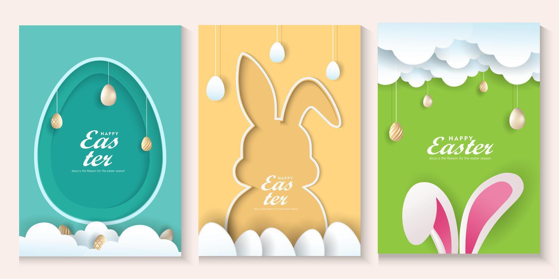 easter day greeting caard poster banners with bunny ears and eggs vector