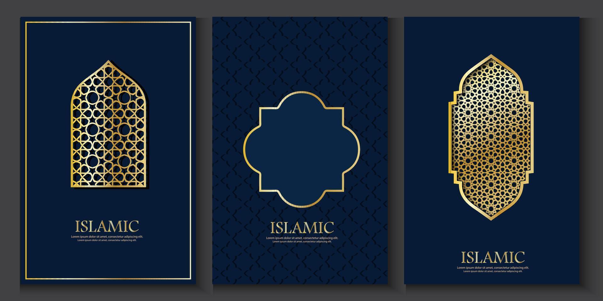 set of islamic banners set with gold and blue designs and copy space for text vector