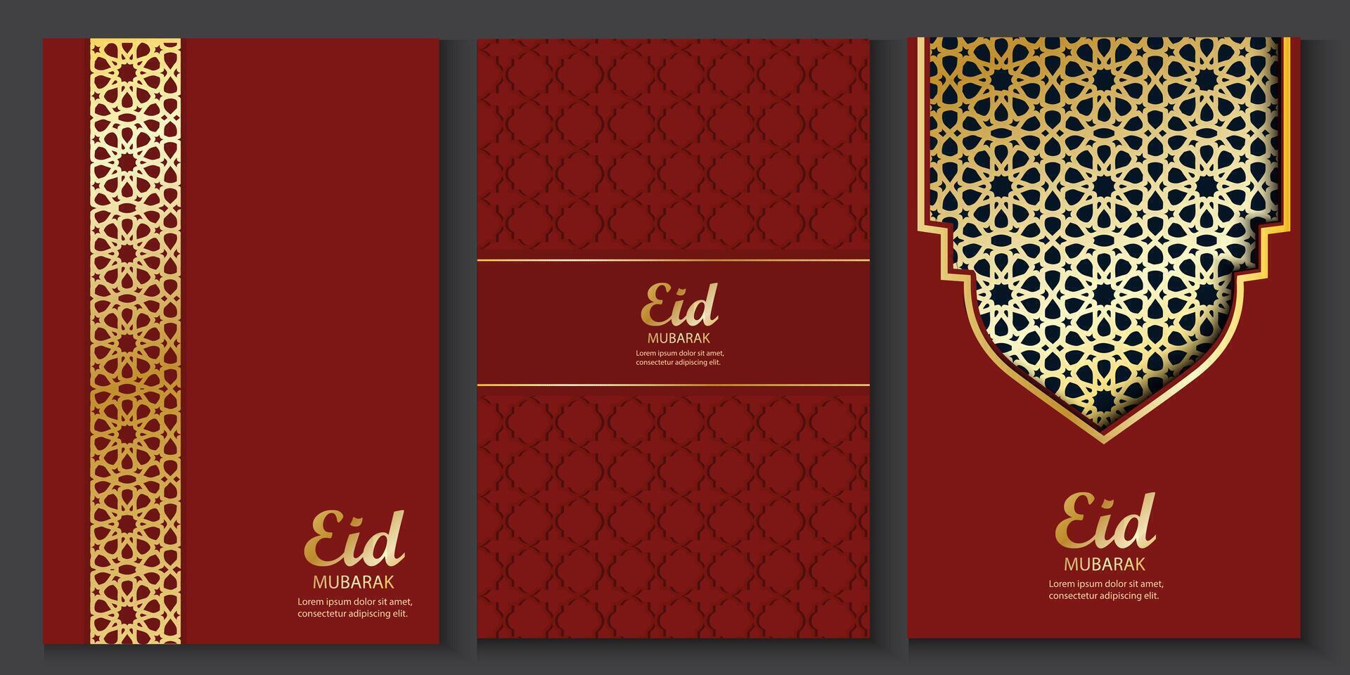 eid mubarak greeting cards set with golden pattern on red background vector