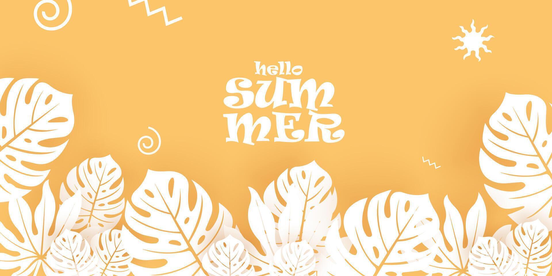 hello summer background with tropical leaves on yellow and white color vector