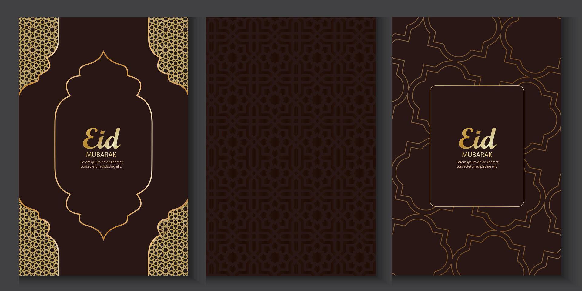 set of eid mubarak greeting cards with golden pattern vector