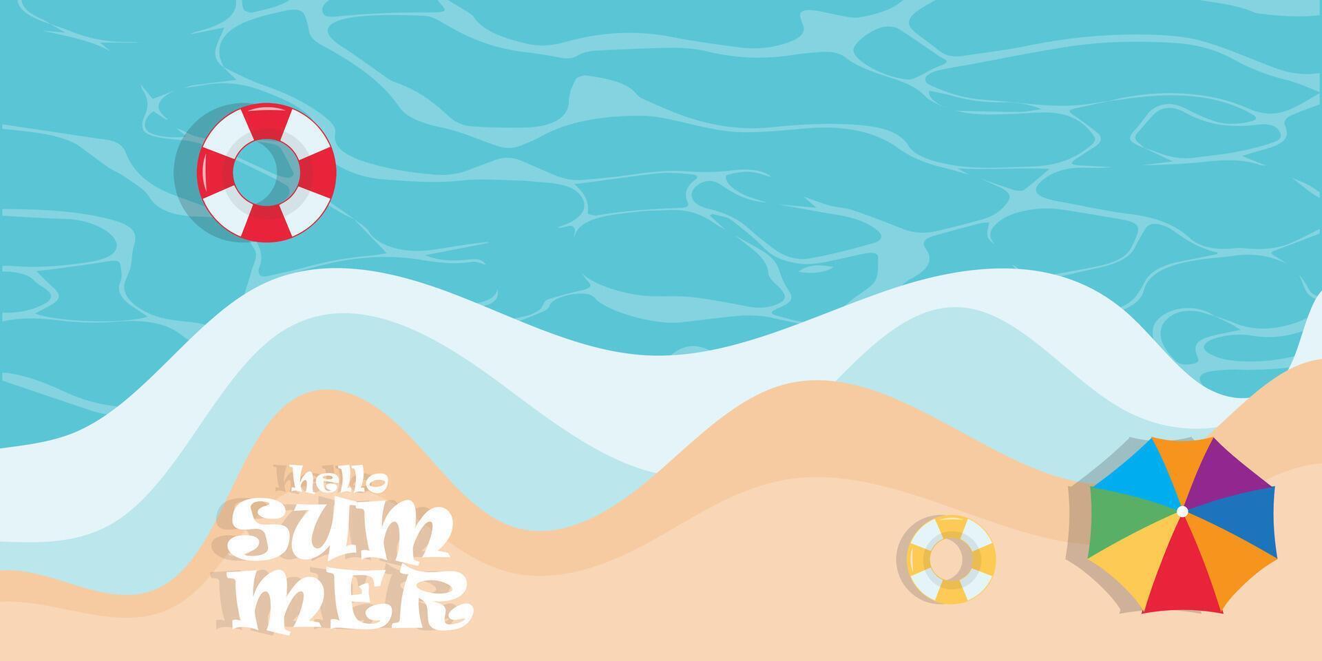 a beach scene with a beach umbrella and a lifeguard for summer background vector