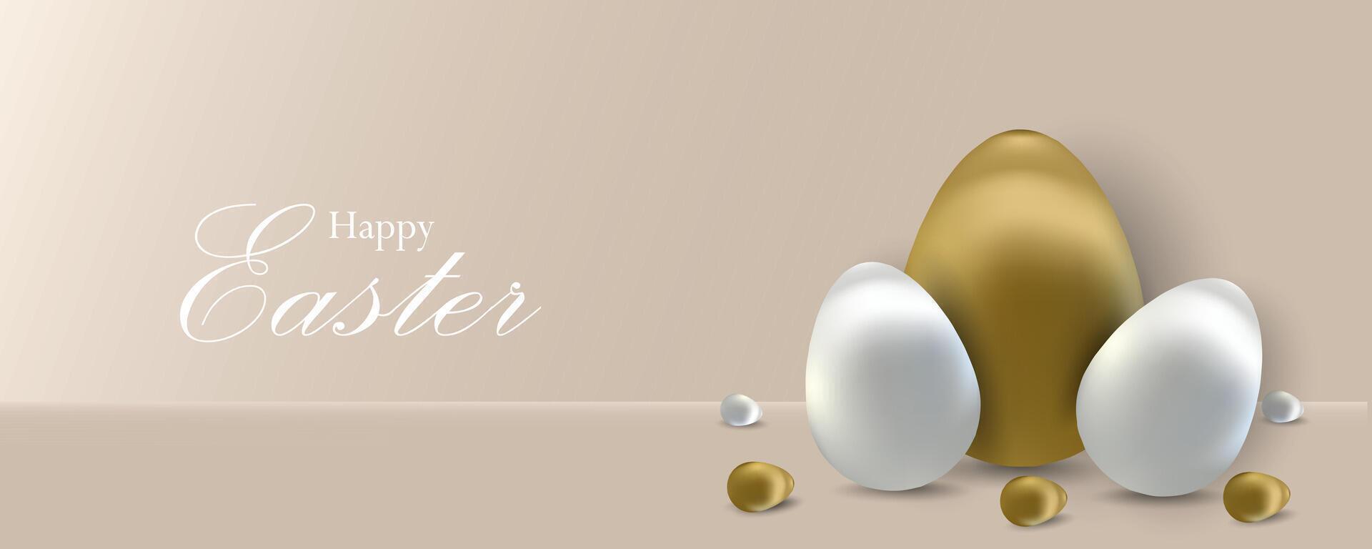 happy easter poster card with golden eggs and white eggs on a beige background vector