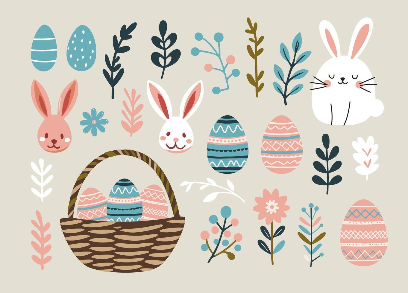 Cute Easter set with bunnies, decorative eggs, basket, and floral elements in pastel colors for holiday designs vector