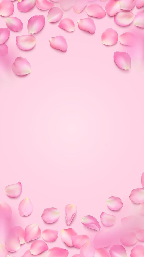 frame with lying rose petals, copy space. Vertical editable template with place for text. Flower illustration of realistic sakura petal with shadow for stories, social media banner, background. vector