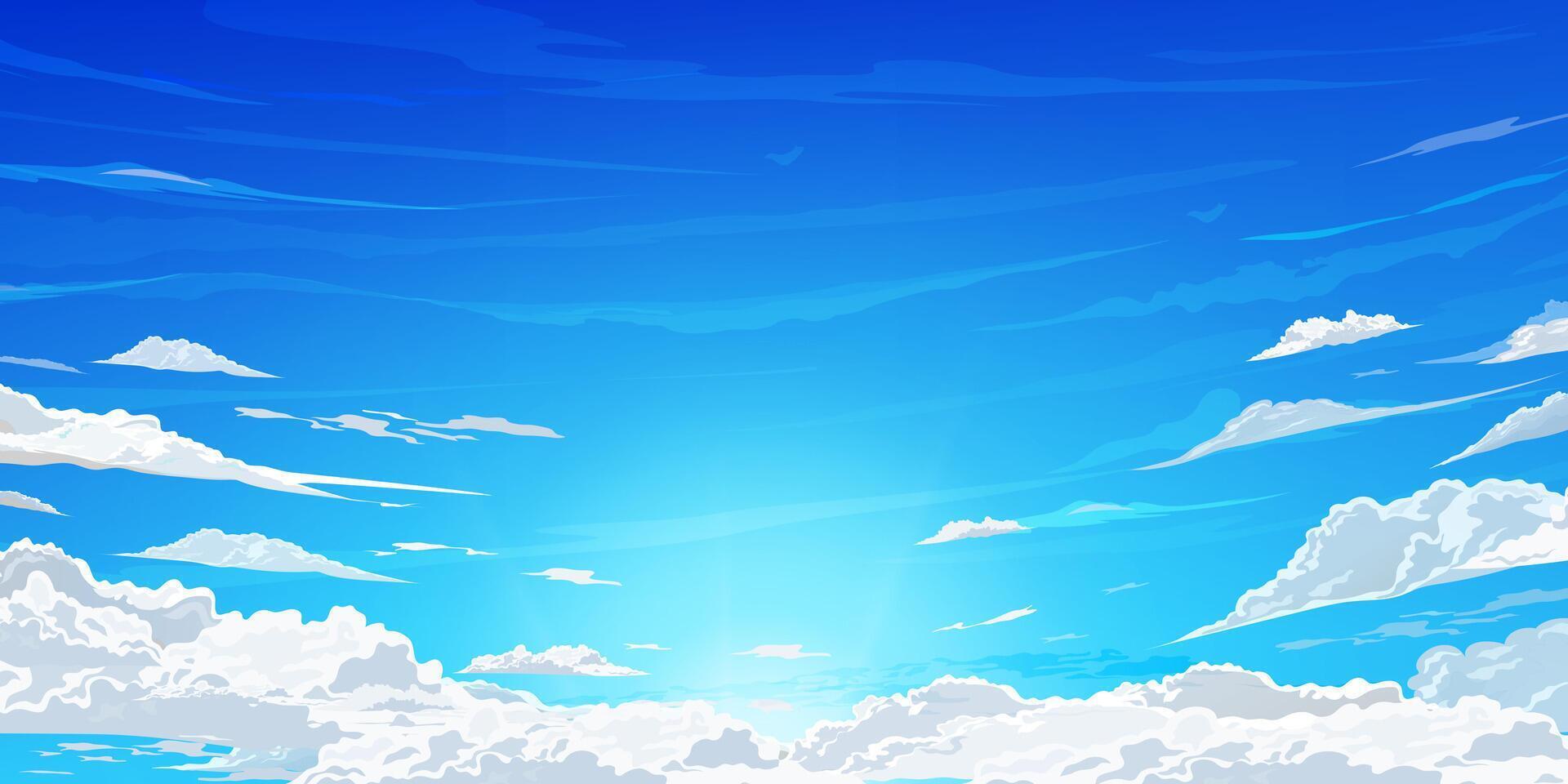 Blue sky, cloud background,Cartoon scene anime nature style,Sunny day summer with sunlight shining, white fluffy cloudy on clear sky, vector