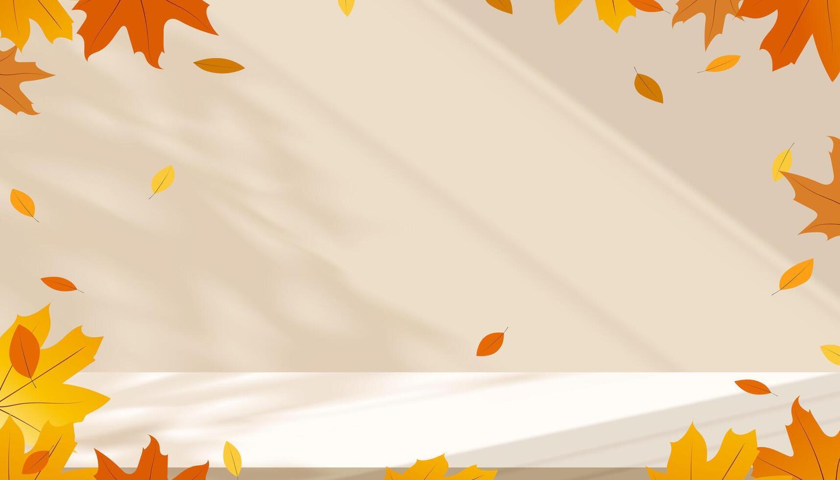 Shadow leave, light on brown studio background wall room and cream podium stage for product,Autumn beige backdrop banner and maple leaf on floor texture,Interior Kitchen with blur gradient,Fall season vector