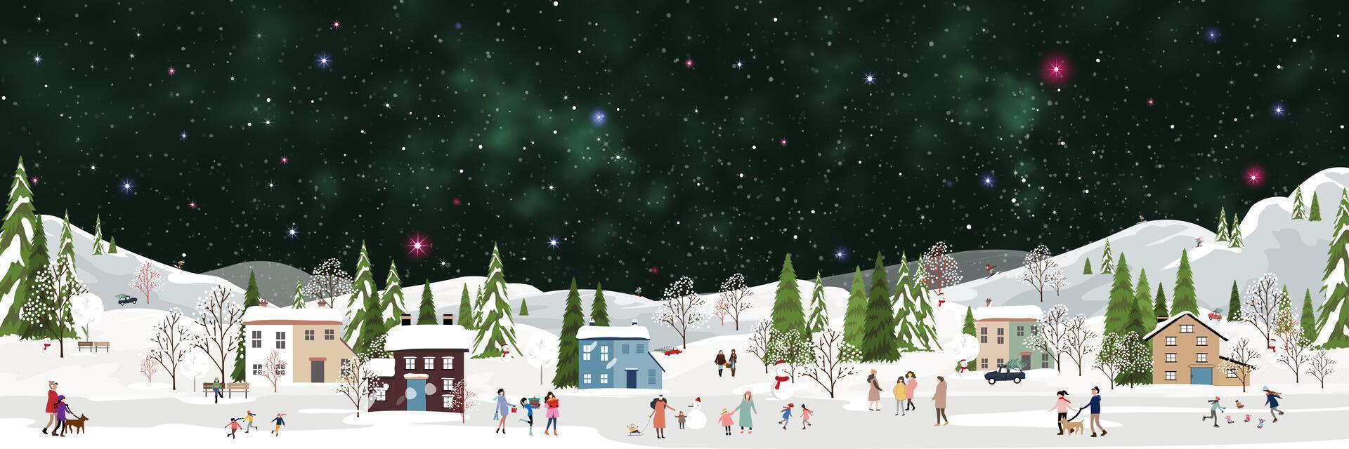 Christmas Background,Winter Village landscape dark night sky with starry, snowy and people celebrating in city park on New Year, Xmas horizon banner nature winter wonderland forest tree vector