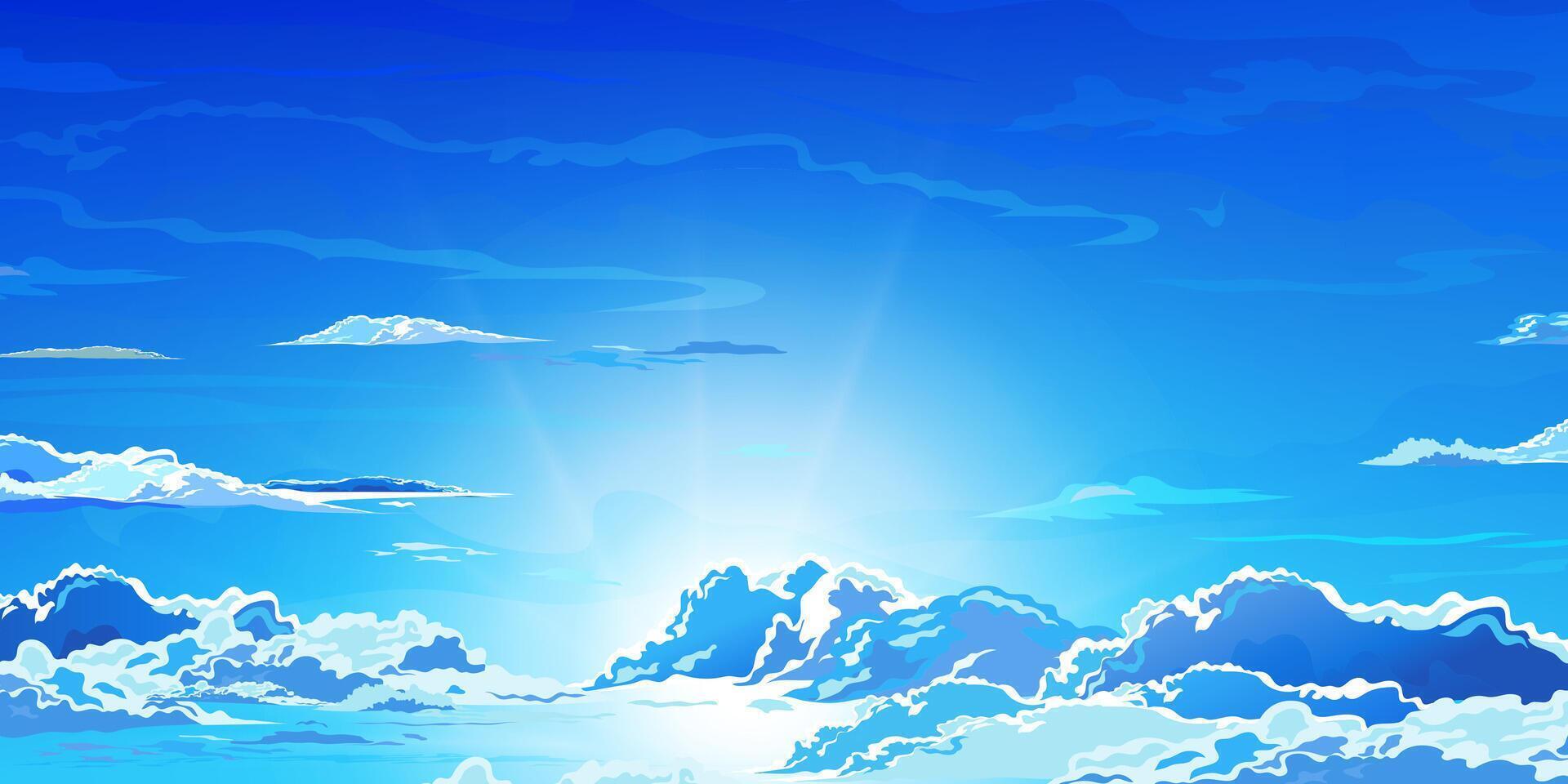 Blue sky, cloud background,Cartoon scene anime nature style,Sunny day summer with sunlight shining, white fluffy cloudy on clear sky, illustration of heaven with bright light in spring season vector