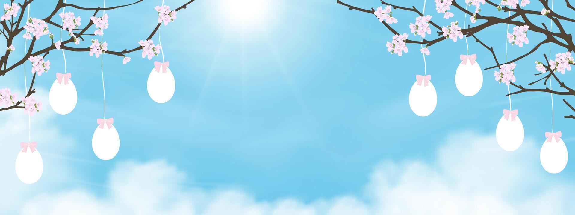 Easter eggs hanging on cherry tree with sun on sky blue,could background,Happy Eater banner White Eggs and branches pink sakura flower, cute cartoon for Holiday background vector