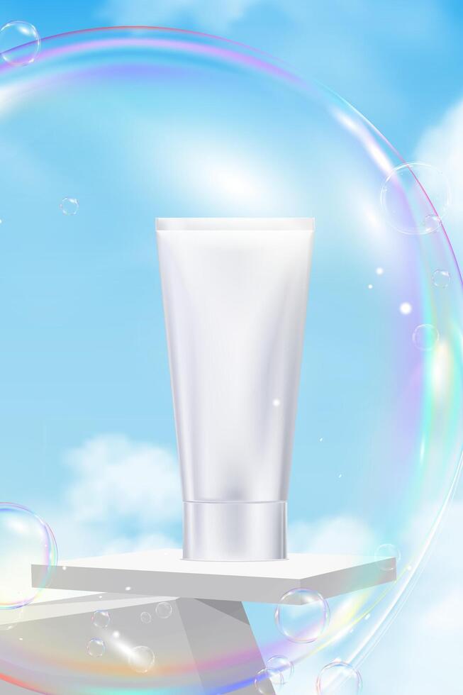 Sky Blue,Cloud Background with Cosmetic Skincare Tube on Podium Platform Step and Bubbles, Minimal 3d Display for Summer Beauty Product Presentation Banner Design Nature Spring Sky vector
