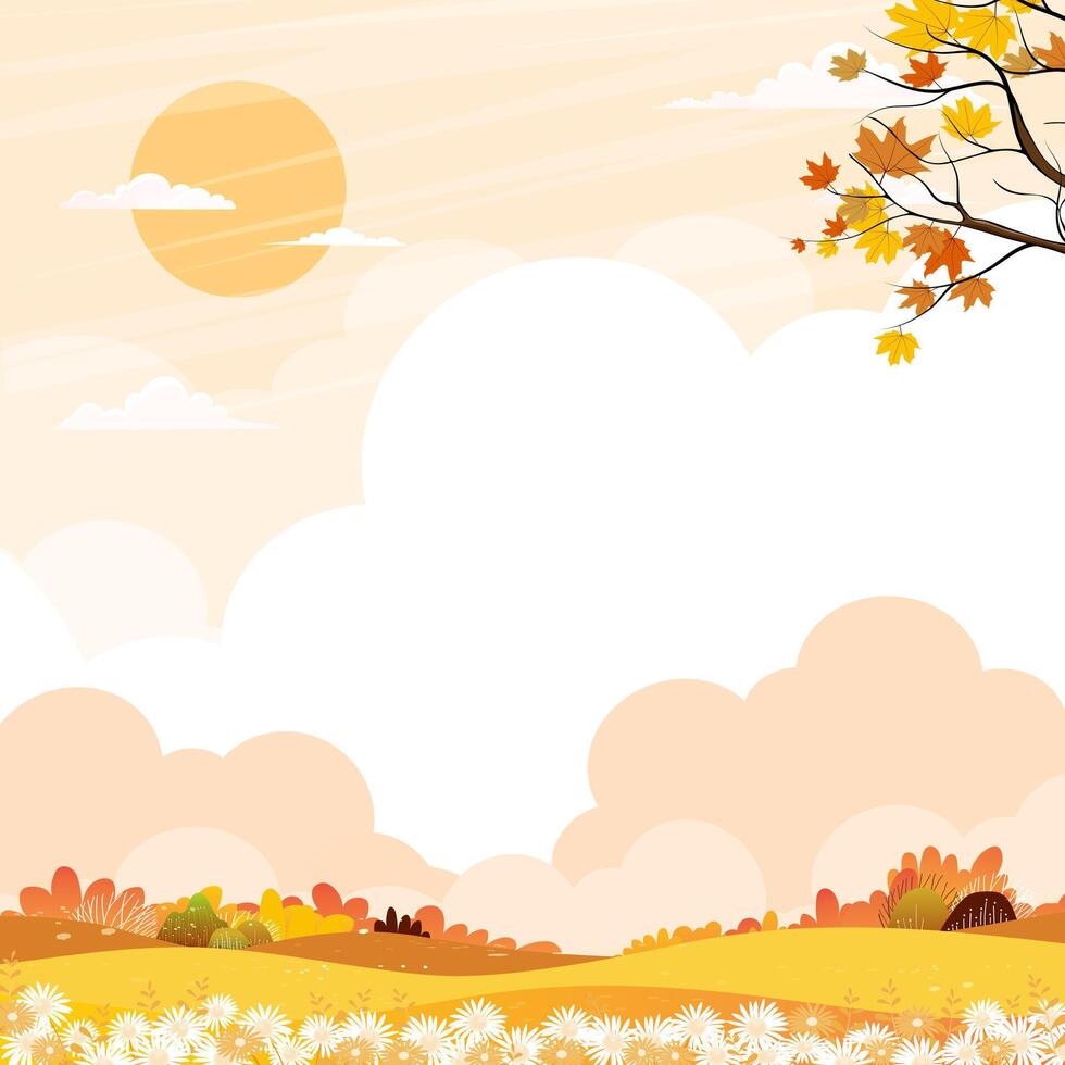 Autumn background with beautiful natural scene orange sky,cloud,sun,flowers and maple tree, Cute cartoon illustration of fall season forest landscape background vector