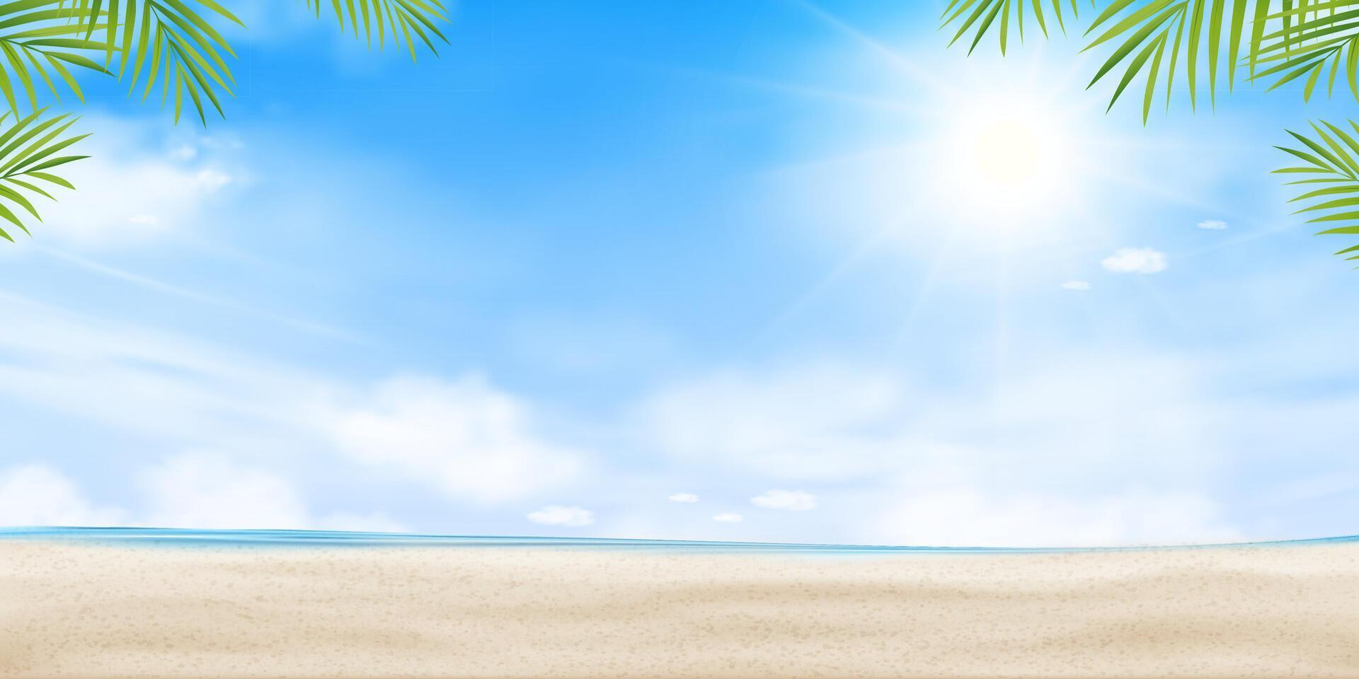 Sky,cloud over sea blue water,sand beach with palm leaf in sunny day summer,Summer vibes background for Holiday vacation banner,Backdrop for Spa,Cosmetic product presentation vector