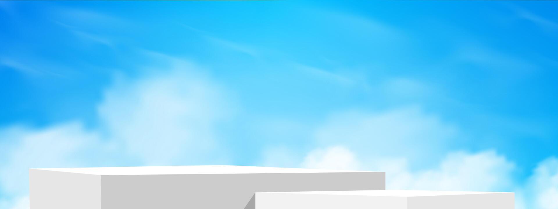 White Podium Background on Blue Sky and Cloud,3d platform stage stand mock up for cosmetic product design,Abstract background for spring vector