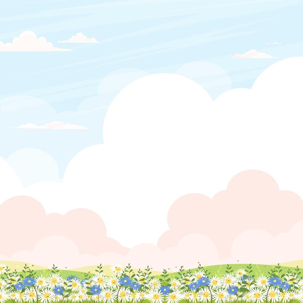 Sky blue,pink cloud background,Cute Spring landscape with green grass land,flower fields,Nature Summer rural with copy space, Cartoon backdrop banner for Easter,Spring card vector