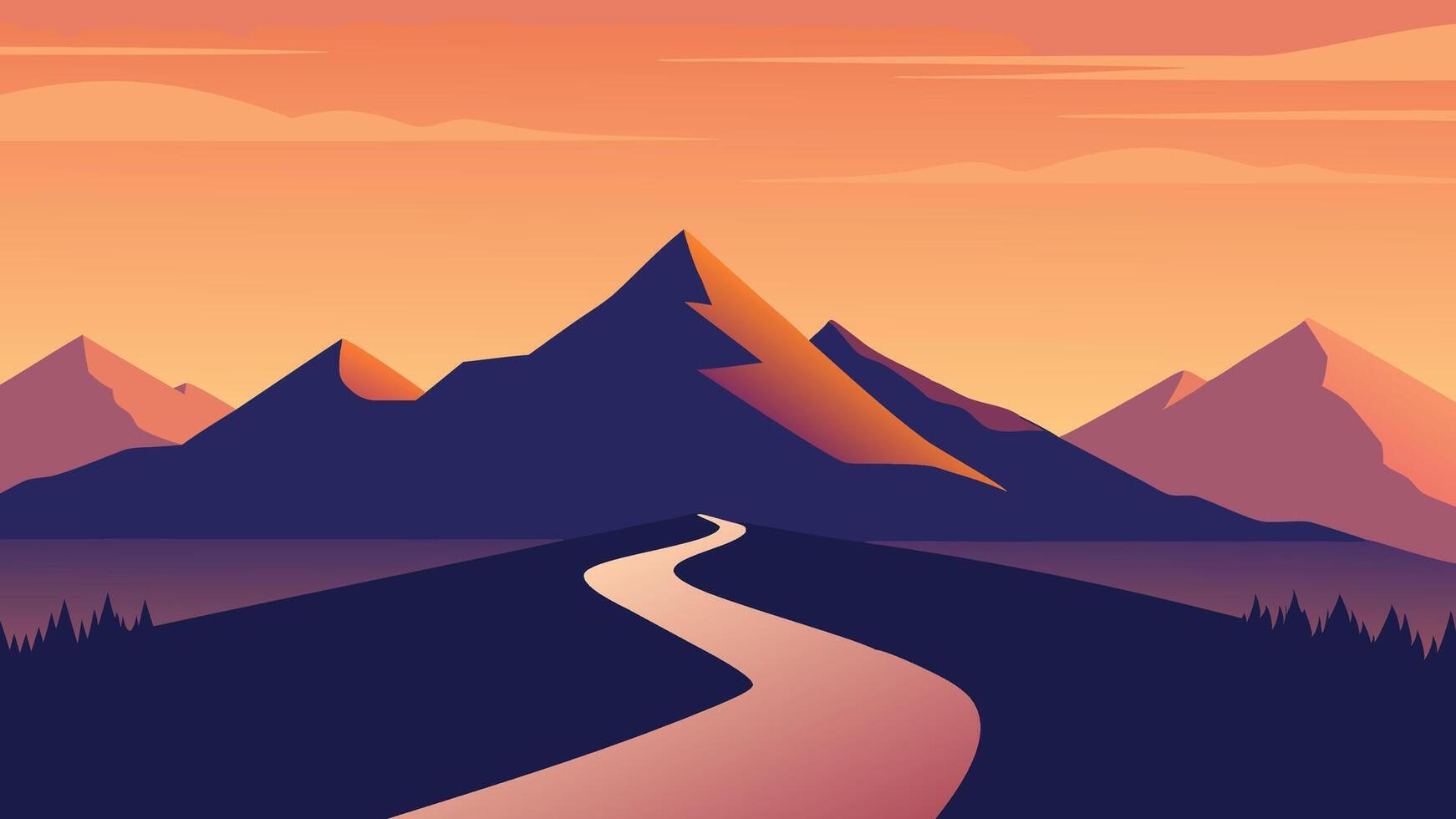 Tranquil pathway leading to a stunning mountain range bathed in the warm hues of a sunset nature flat illustration vector