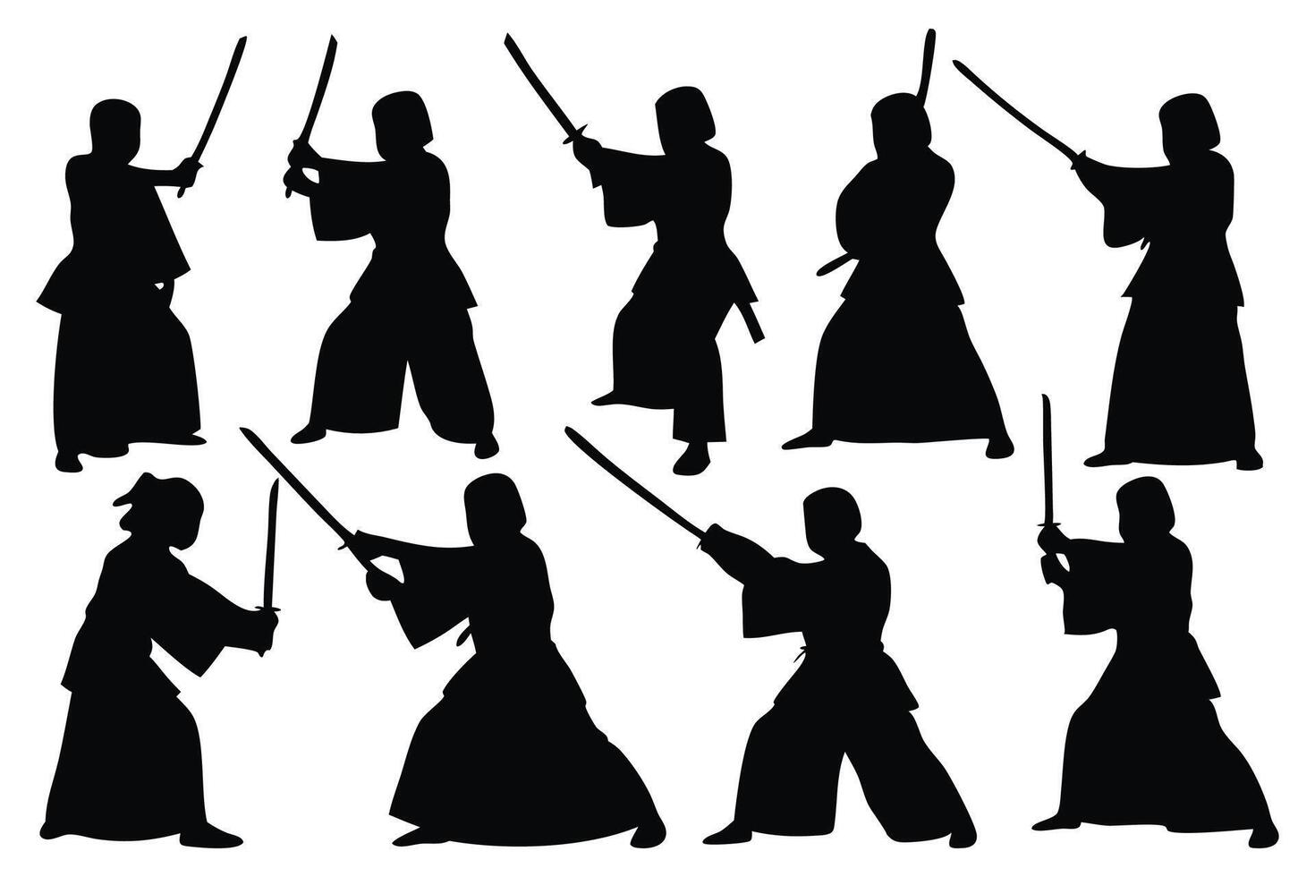 Kendo silhouettes set isolated flat illustration on white background. vector