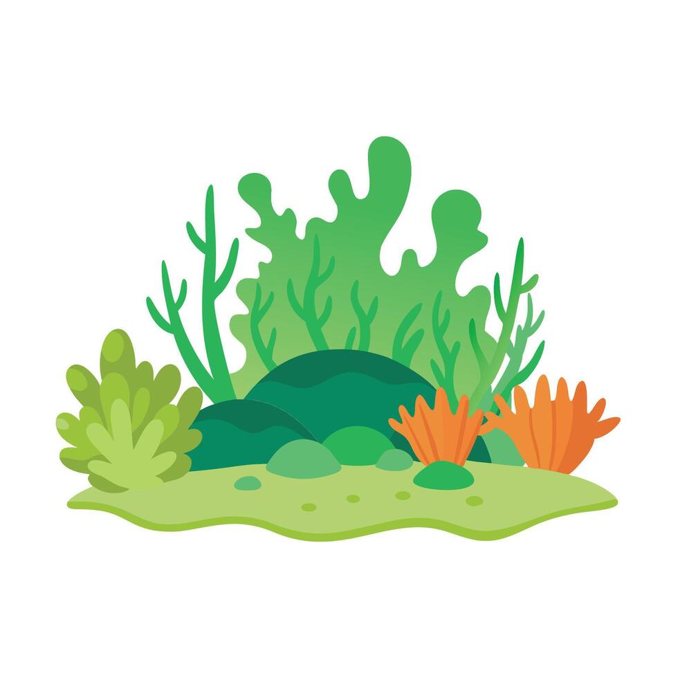 Green aquatic moss coral reefs isolated flat illustration on white background. vector