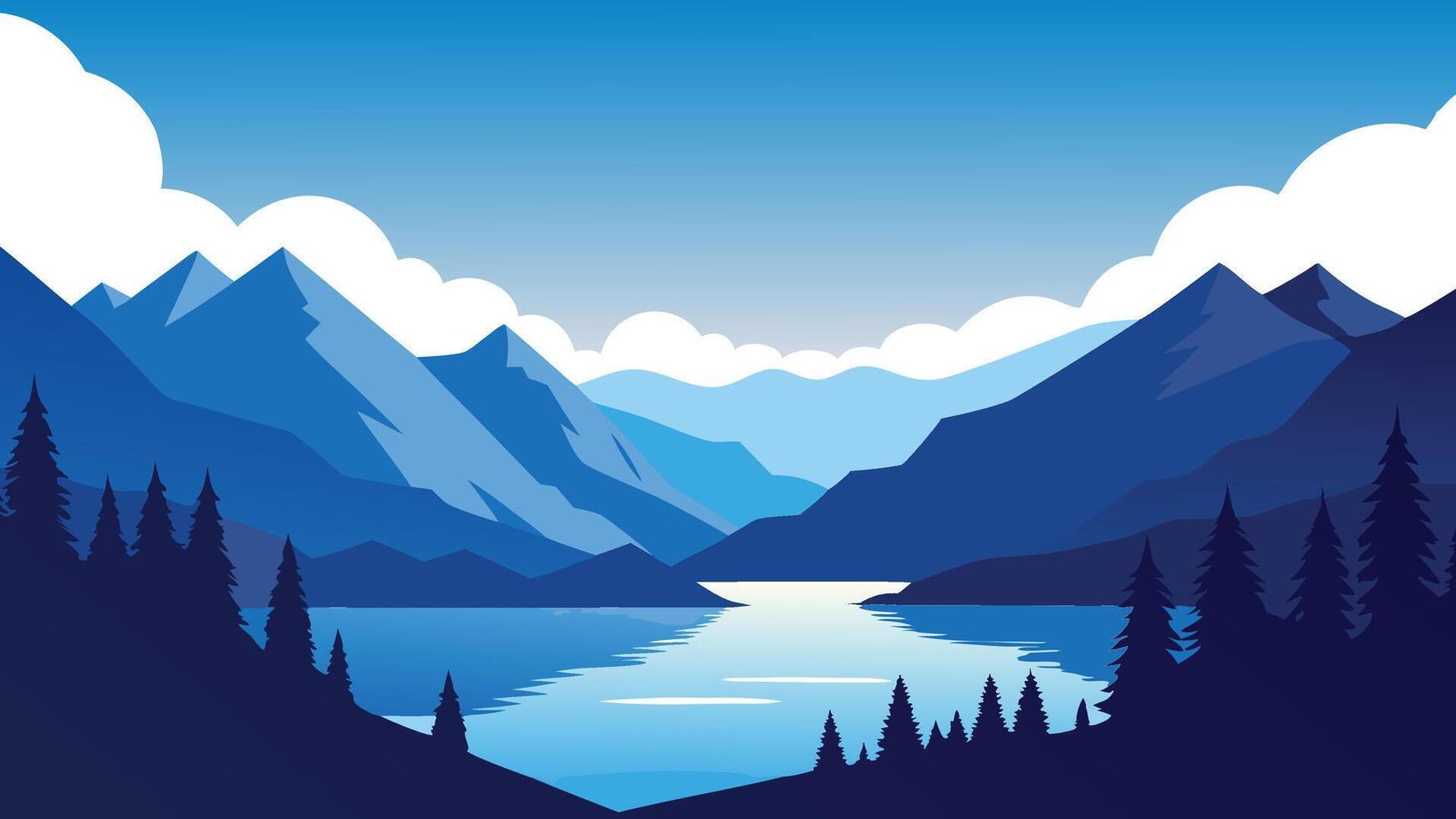 Lake nestled among mountains and trees with a dramatic cloudy sky overhead flat illustration. vector