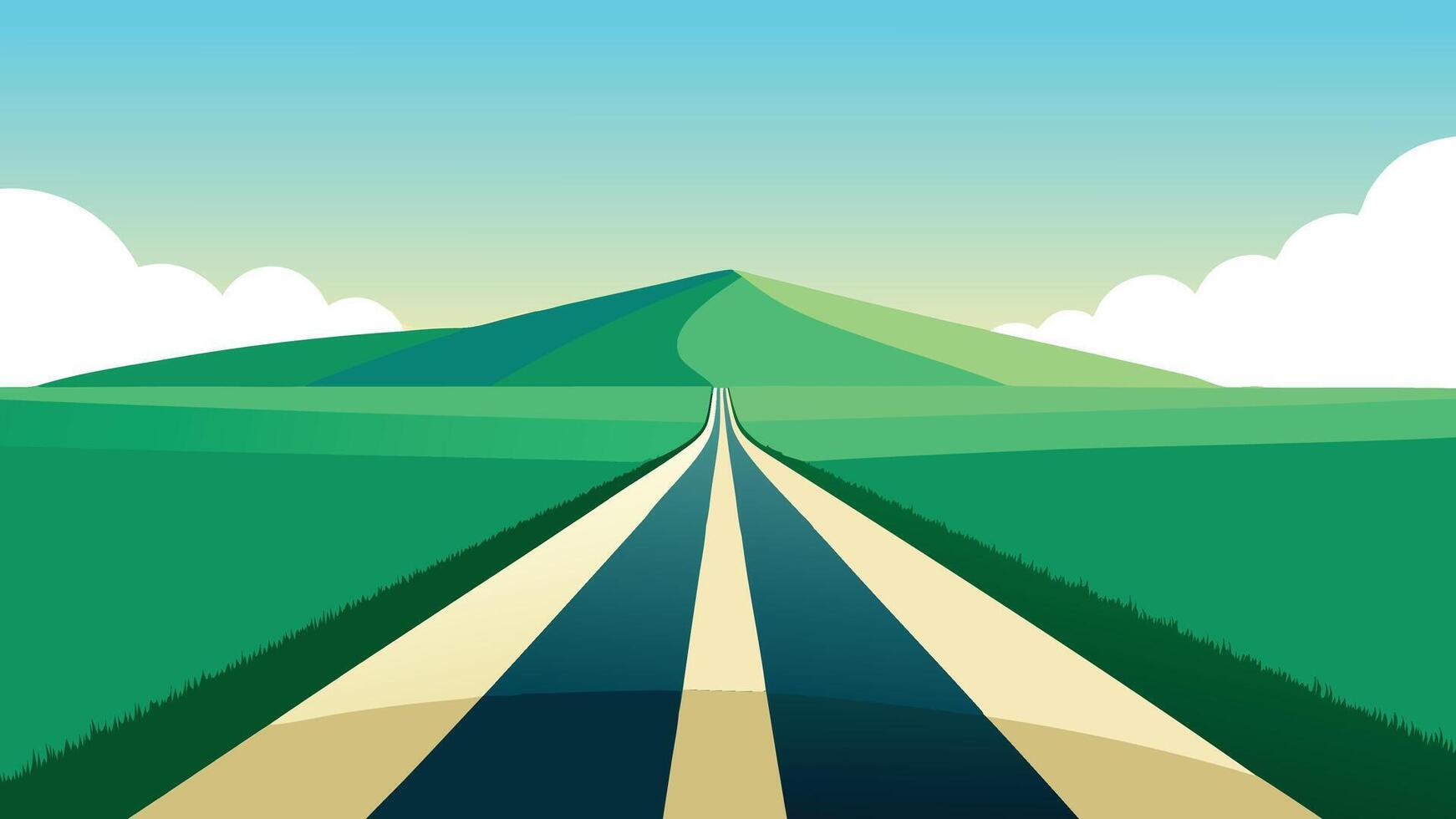 Tranquil road bisects a vibrant green field symbolizing a journey through the beauty of the countryside flat illustration vector