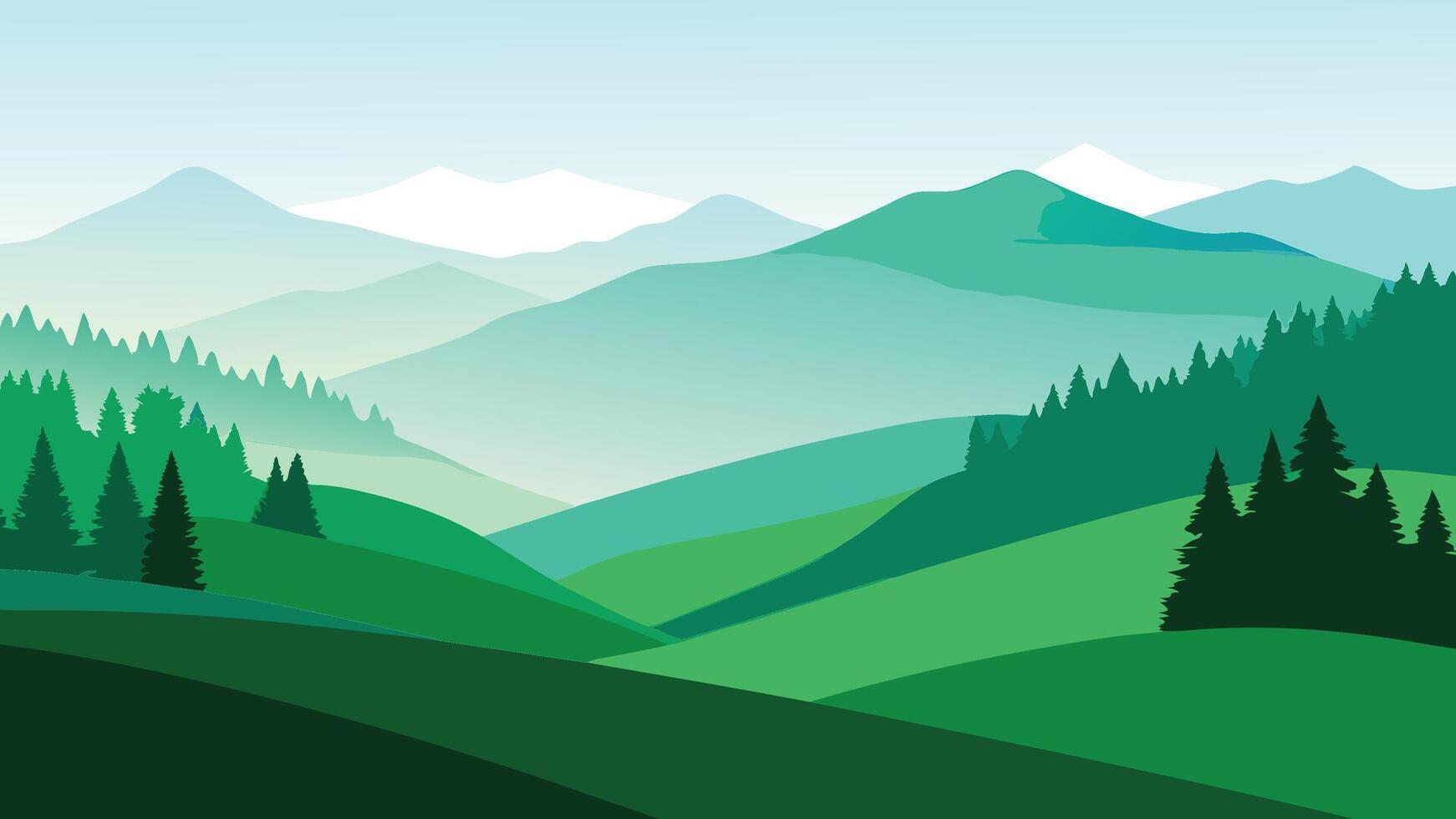 Green hillside adorned with trees enveloped in a gentle layer of fog creating a tranquil landscape flat illustration. vector