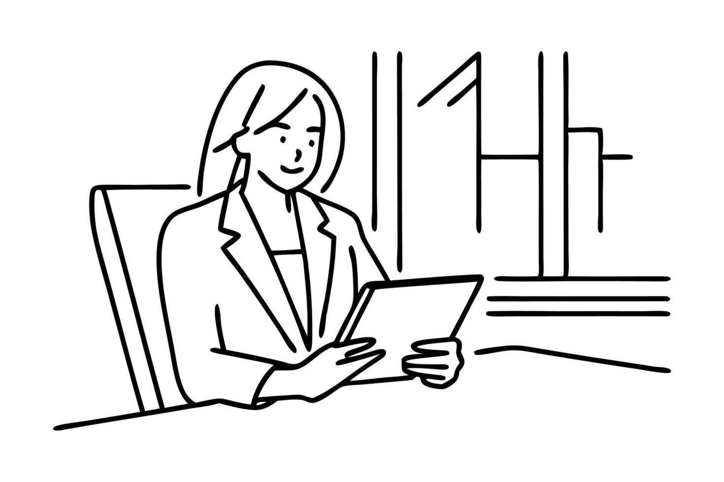 Businesswoman in an office setting confidently holding a tablet while engaged in her work Line art flat illustration vector