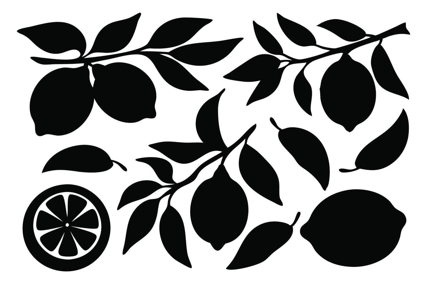 Lemons with leaves silhouettes set isolated flat illustration on white background. vector