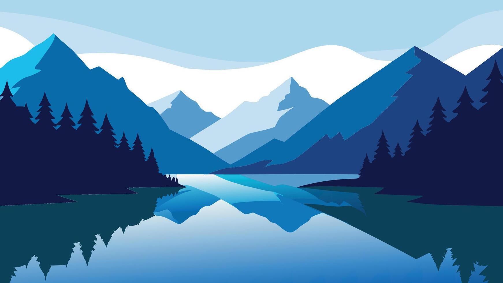 Lake nestled among majestic mountains and lush trees reflecting the beauty of nature flat illustration. vector