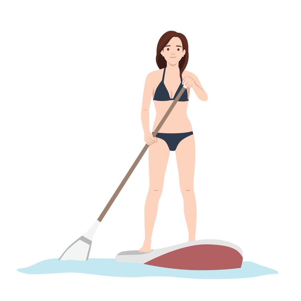 Woman in a bikini skillfully navigates the water on a paddleboard, joy of outdoor adventure. vector