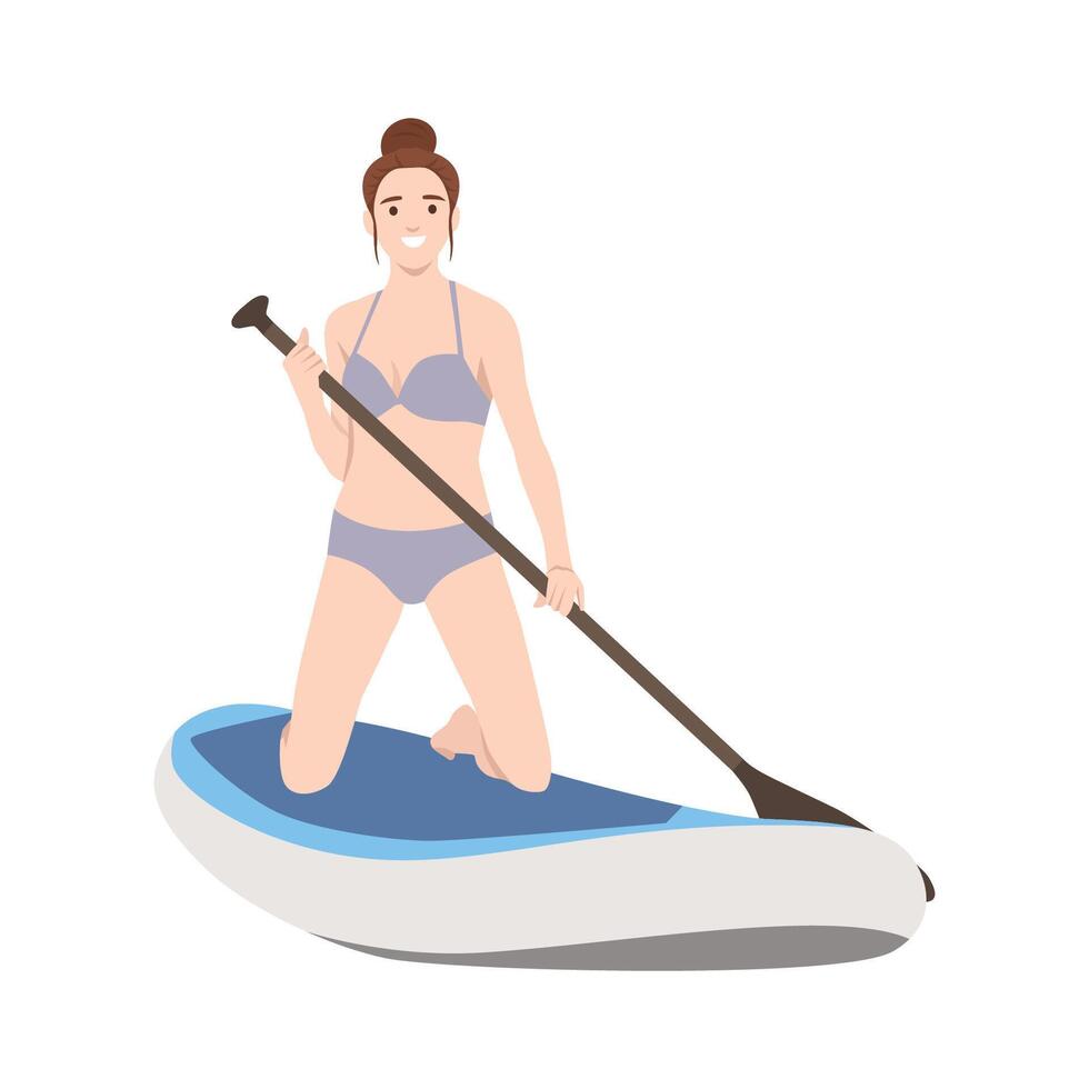 Woman kneels on a paddleboard, confidently paddling through the water enjoying peaceful experience. vector