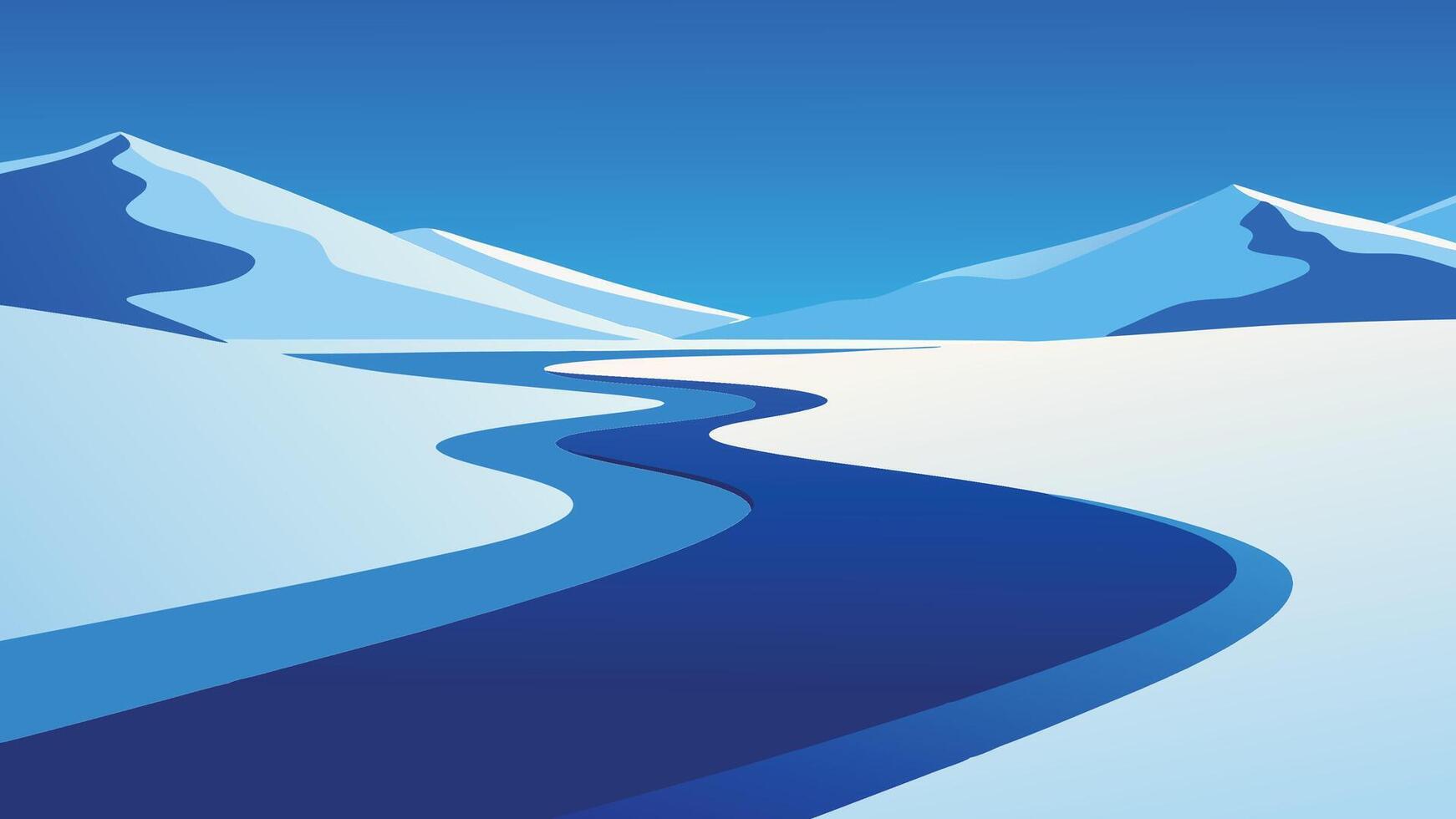 Winding river meandering through a vast snow covered field under a clear blue sky flat illustration vector