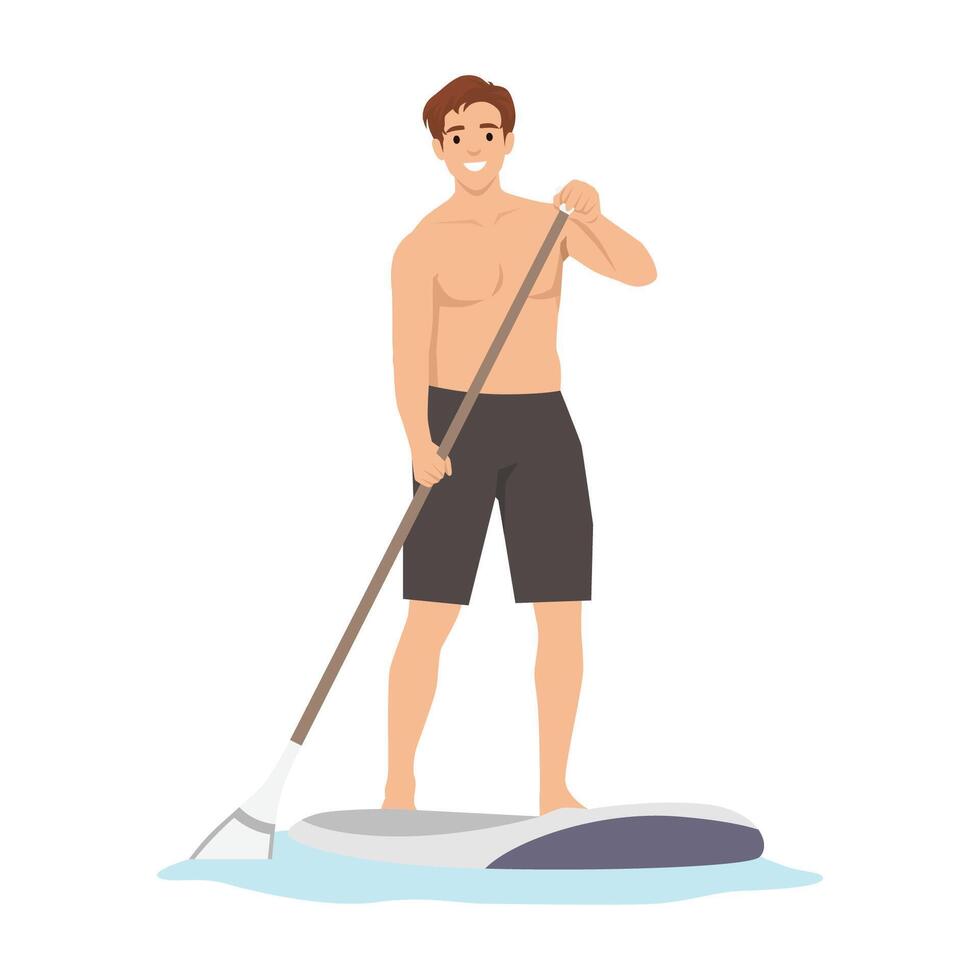 Young man enjoys stand up paddleboarding on calm waters, showcasing balance and skill. vector