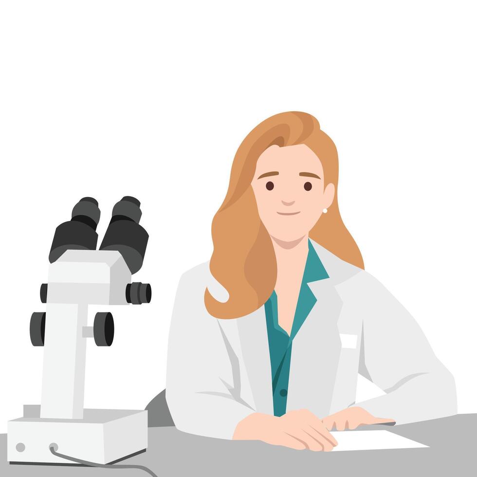 Female scientist in a lab coat sits at a desk with a microscope, research and analyze data. vector