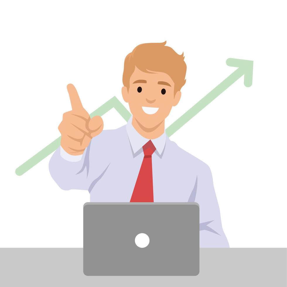 Businessman points forward with enthusiasm while working on his laptop, upward trend graph. vector