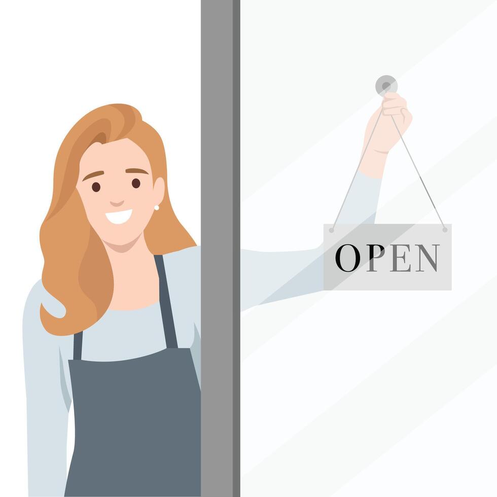 Woman wearing an apron hangs an OPEN sign on the door, welcoming customers to her business. vector