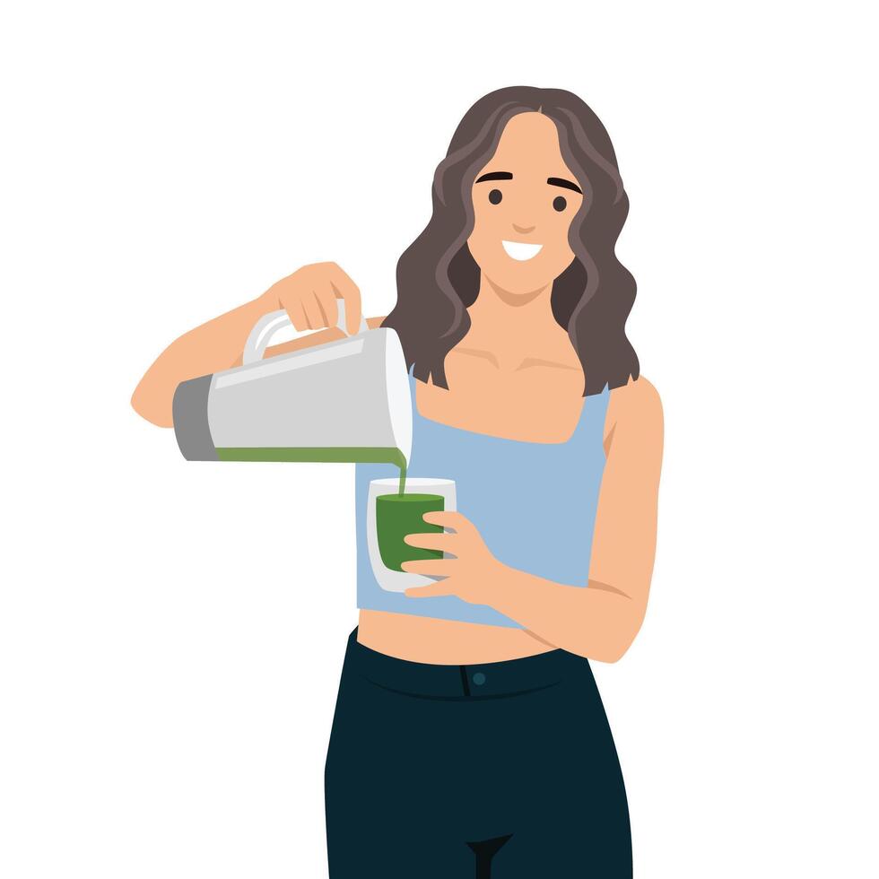 Smiling woman pours a fresh green juice from a pitcher into a glass, healthy lifestyle. vector