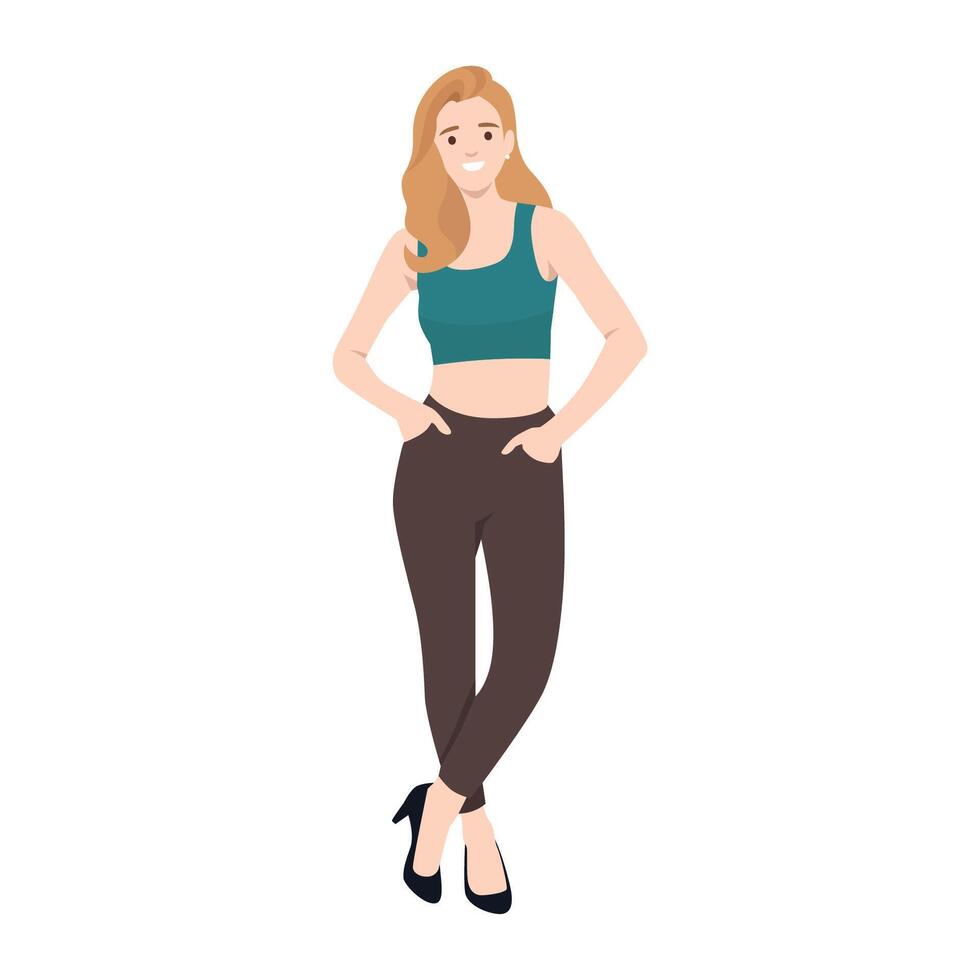Smiling woman stands with a relaxed confident posture, dressed in casual wear, elegance and poise. vector
