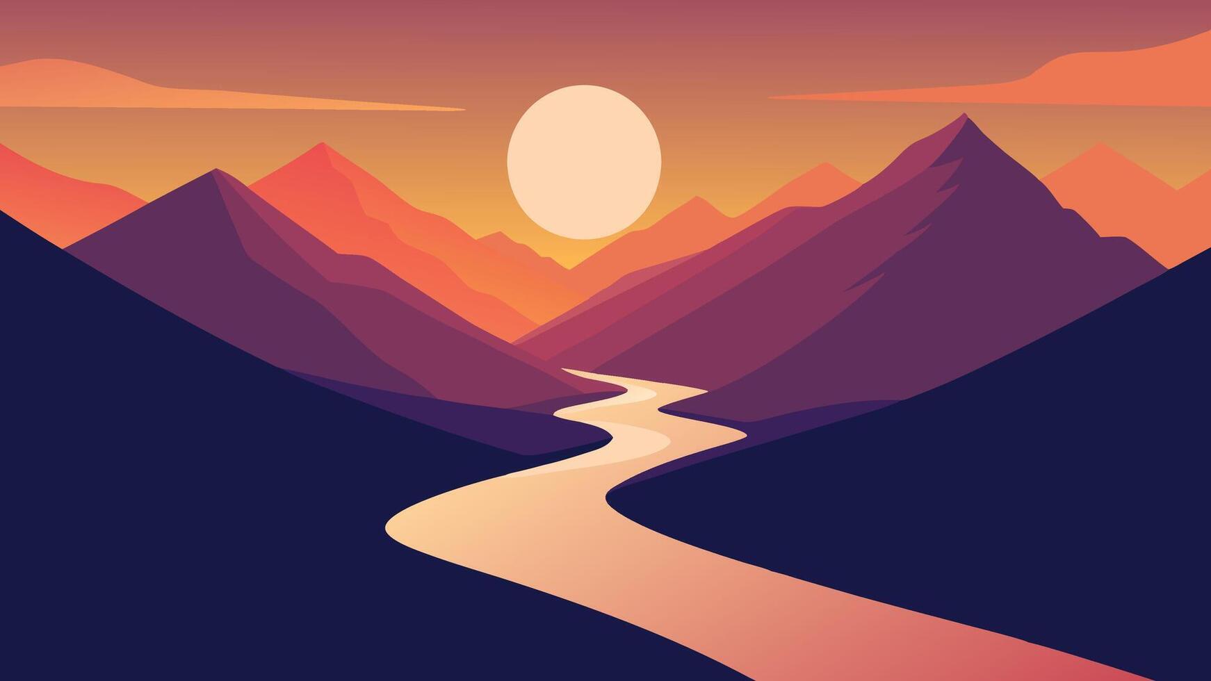 River winds through majestic mountains illuminated by the warm hues of a stunning sunset flat illustration vector