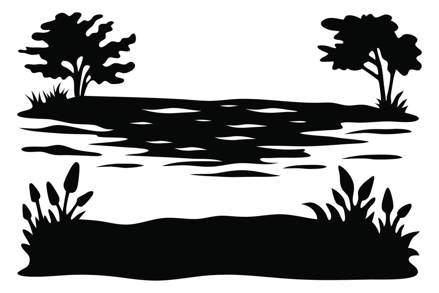 Shadow on water and tress with grass silhouettes set isolated flat illustration on white background. vector