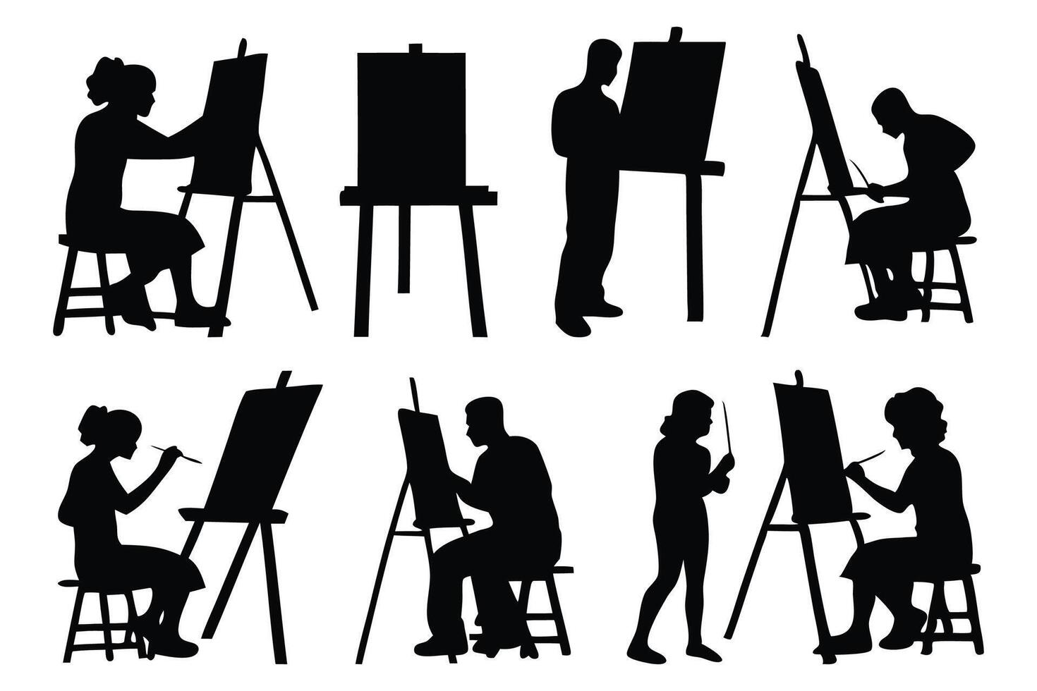 People draw on an easel artists silhouettes set isolated flat illustration on white background. vector