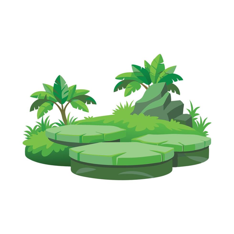 Tropical jungle stone platforms with lush greenery isolated flat illustration on white background vector