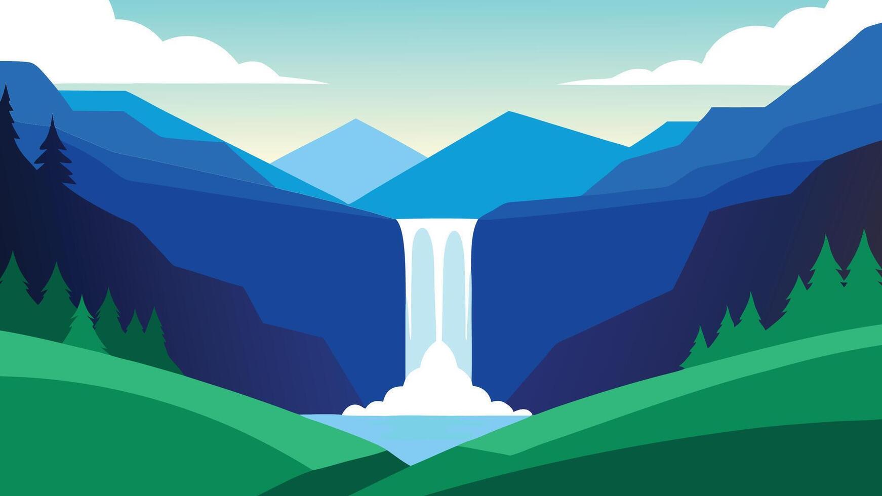 Picturesque waterfall flows in a vibrant field flat illustration. vector