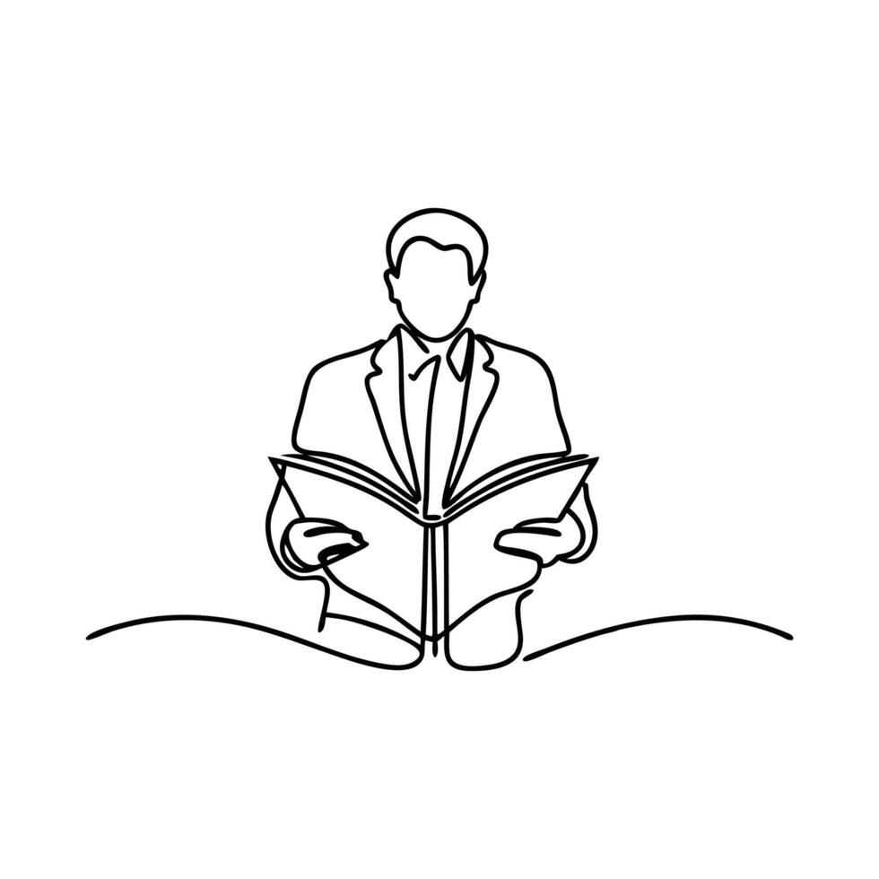 A well dressed man in a suit holds an open book symbolizing knowledge Line art flat illustration vector