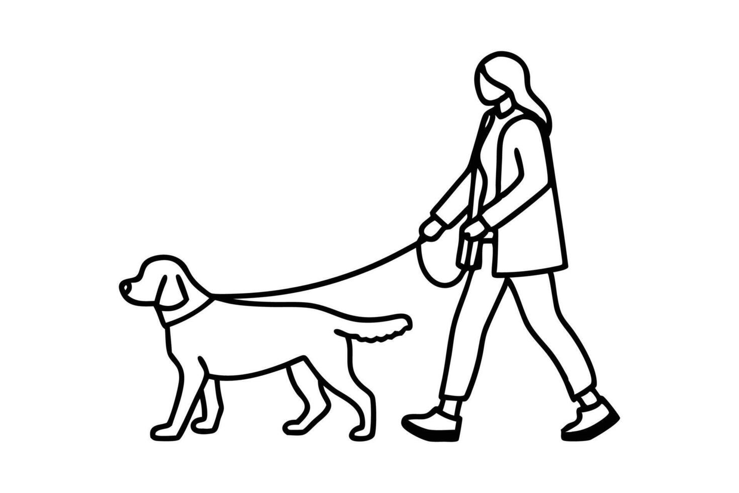 Woman walking a dog Hand drawn line art illustration vector
