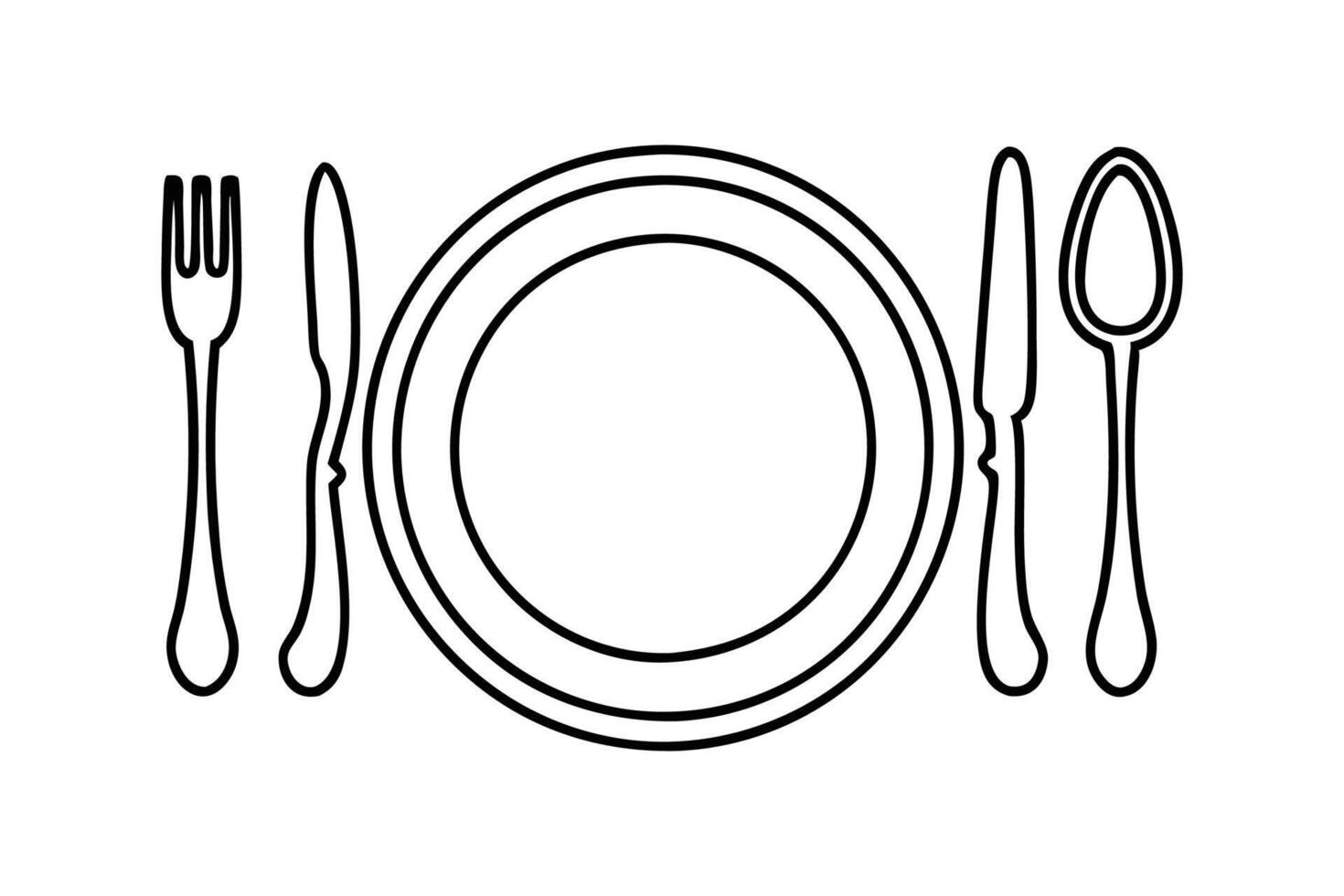 Dinner concept plate with fork knife and spoon Hand drawn line art illustration. vector