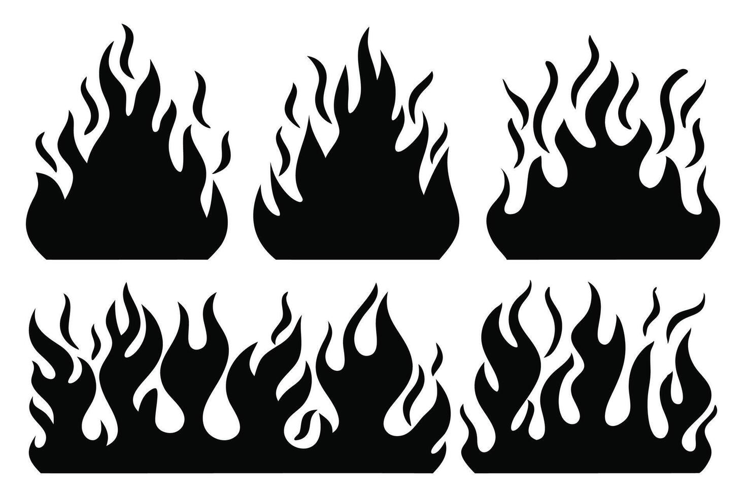 Burning fire flame silhouettes set isolated flat illustration on white background. vector