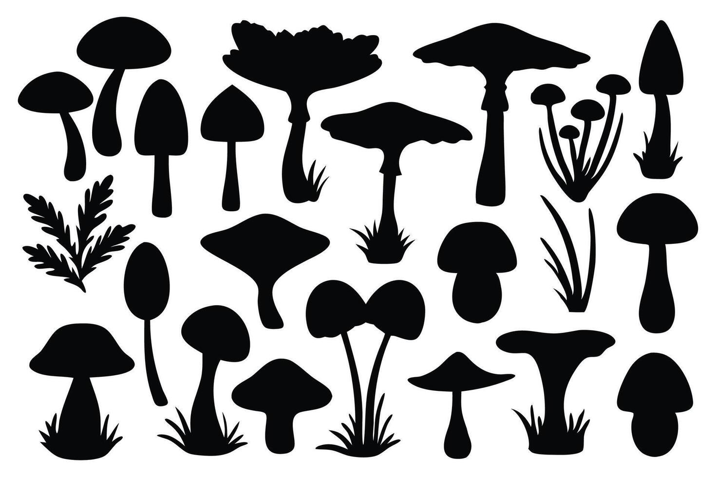 Forest mushrooms silhouettes set isolated flat illustration on white background vector